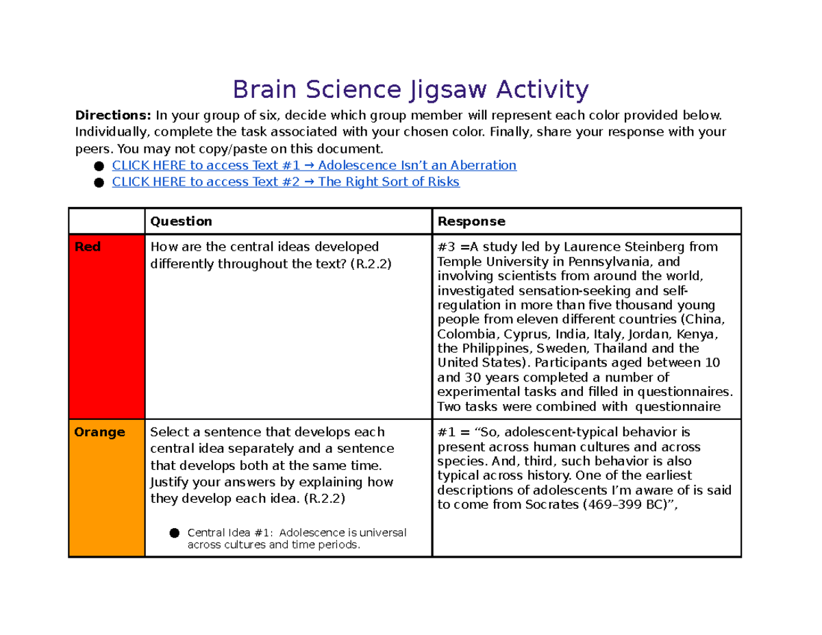Brain Science Jigsaw Activity (Lowdermilk) Brain Science Jigsaw