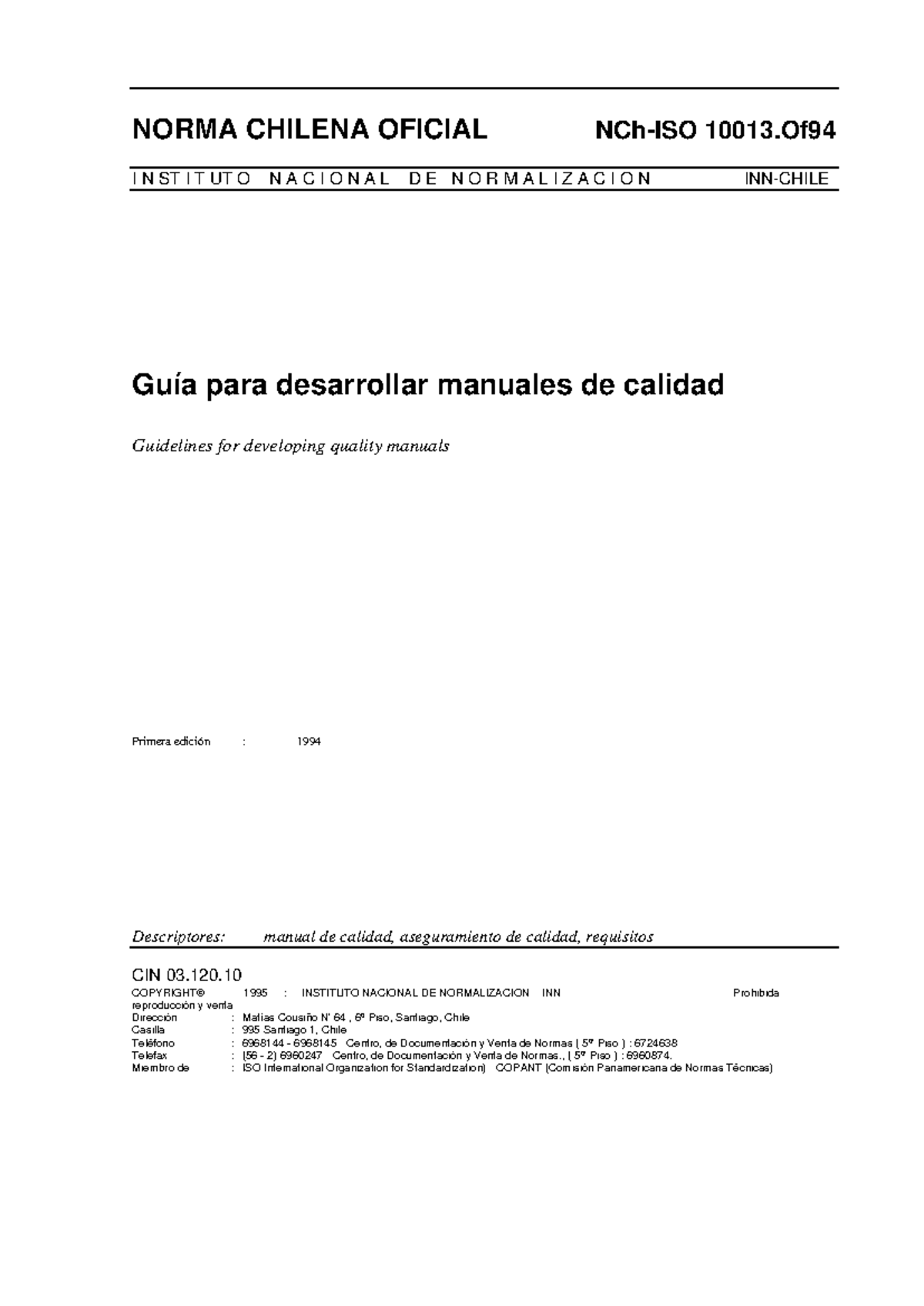 ISO 10013 - guia para construir manuales de calidad - NORMA CHILENA ...