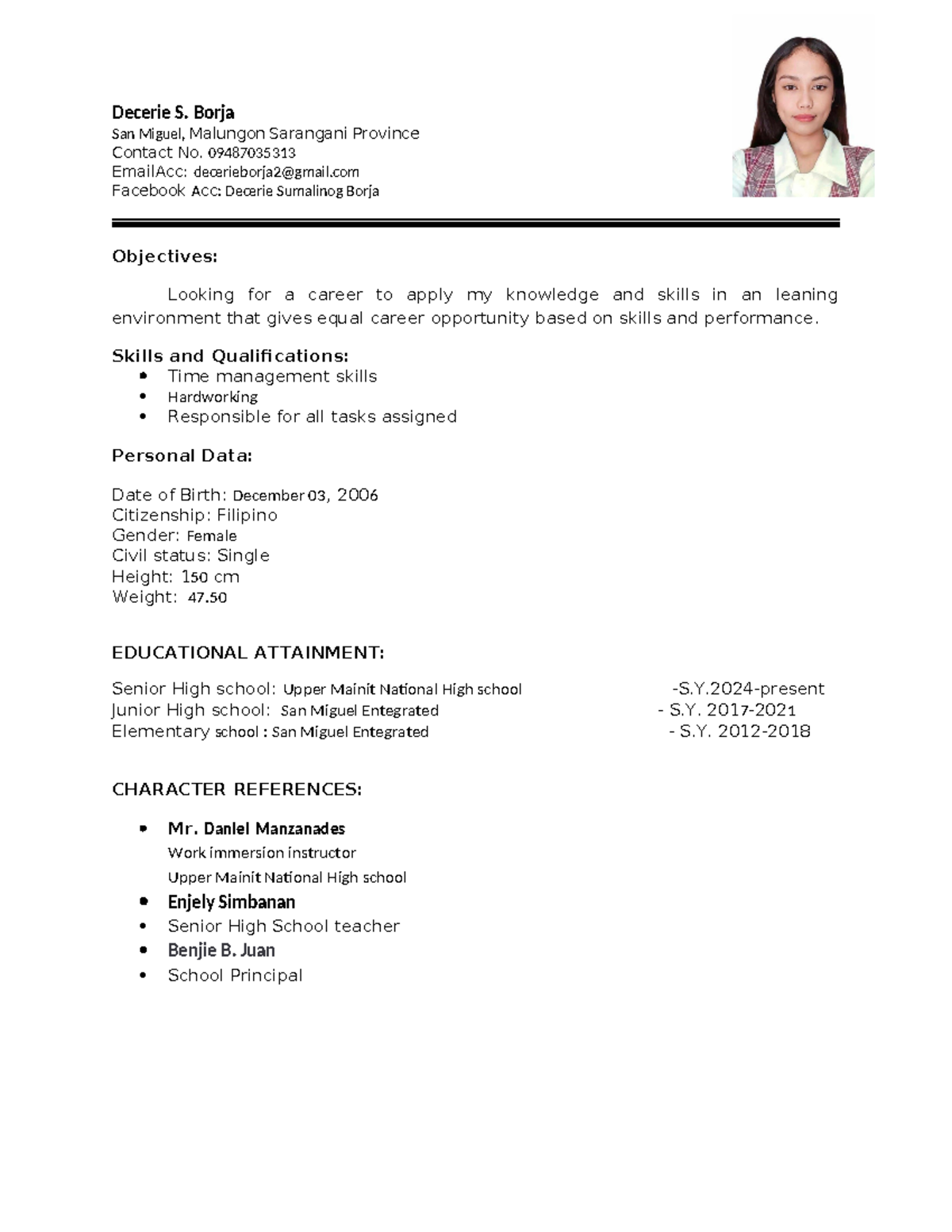 Andeb-resume - It is a resume for a job - Decerie S. Borja San Miguel ...