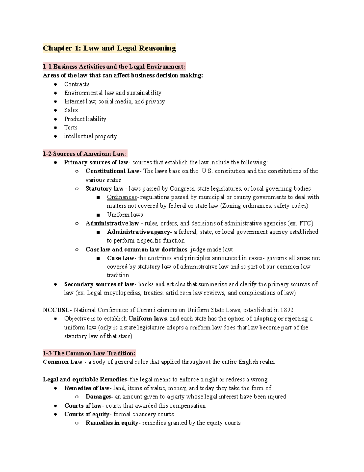 BLAW Textbook Notes - Chapter 1: Law And Legal Reasoning 1-1 Business ...