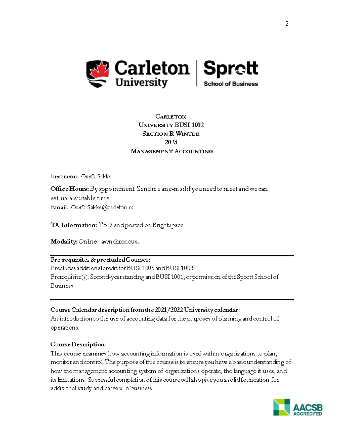 BUSI1002R-Outline - outline - CARLETON UNIVERSITY BUSI 1002 SECTION R ...