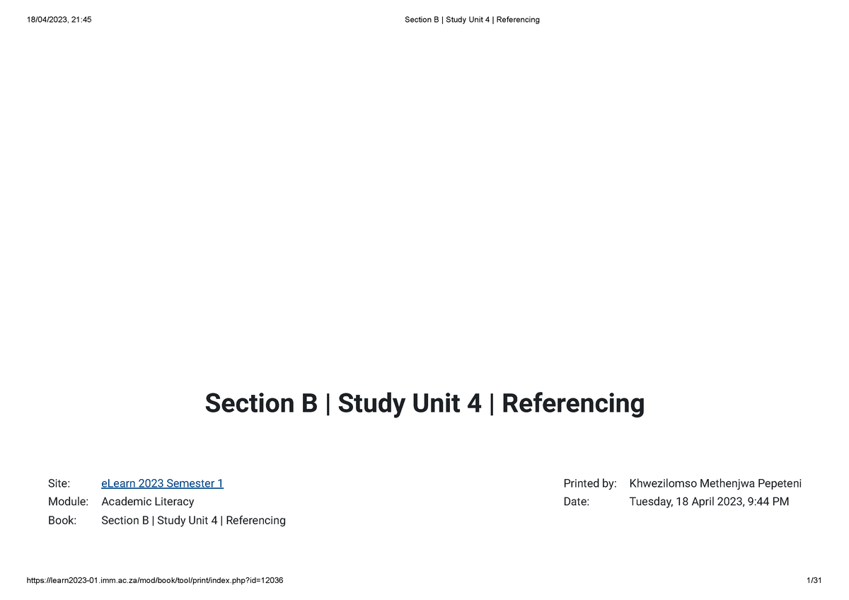 Section B Study Unit 4 Referencing - Section B | Study Unit 4 ...