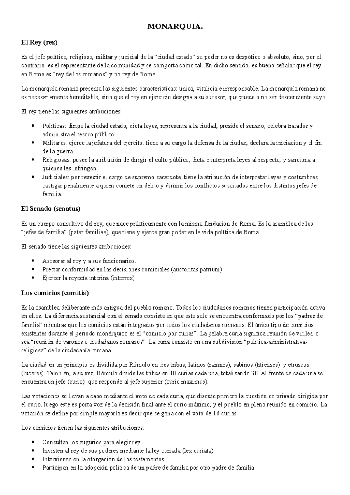 Romano Resumen - MONARQUIA. El Rey (rex) Es el jefe político, religioso ...