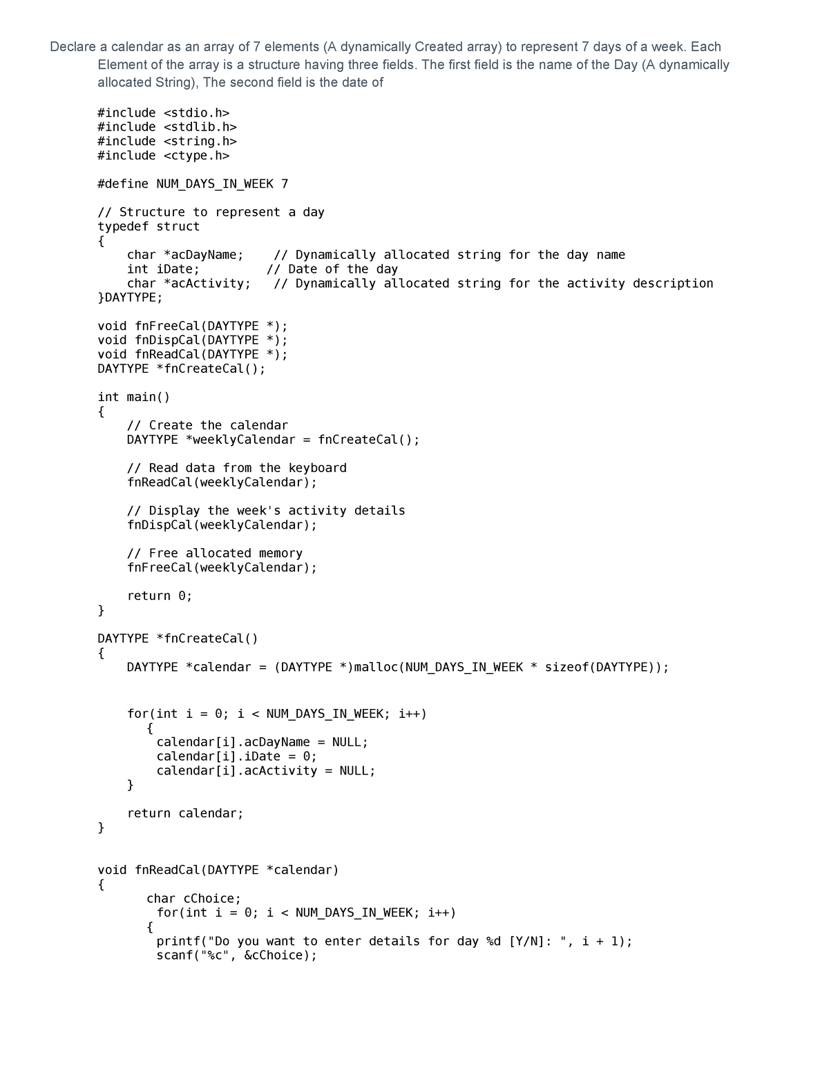 Dslab-1 Declare a calendar as an array of 7 elements - Each Element of ...