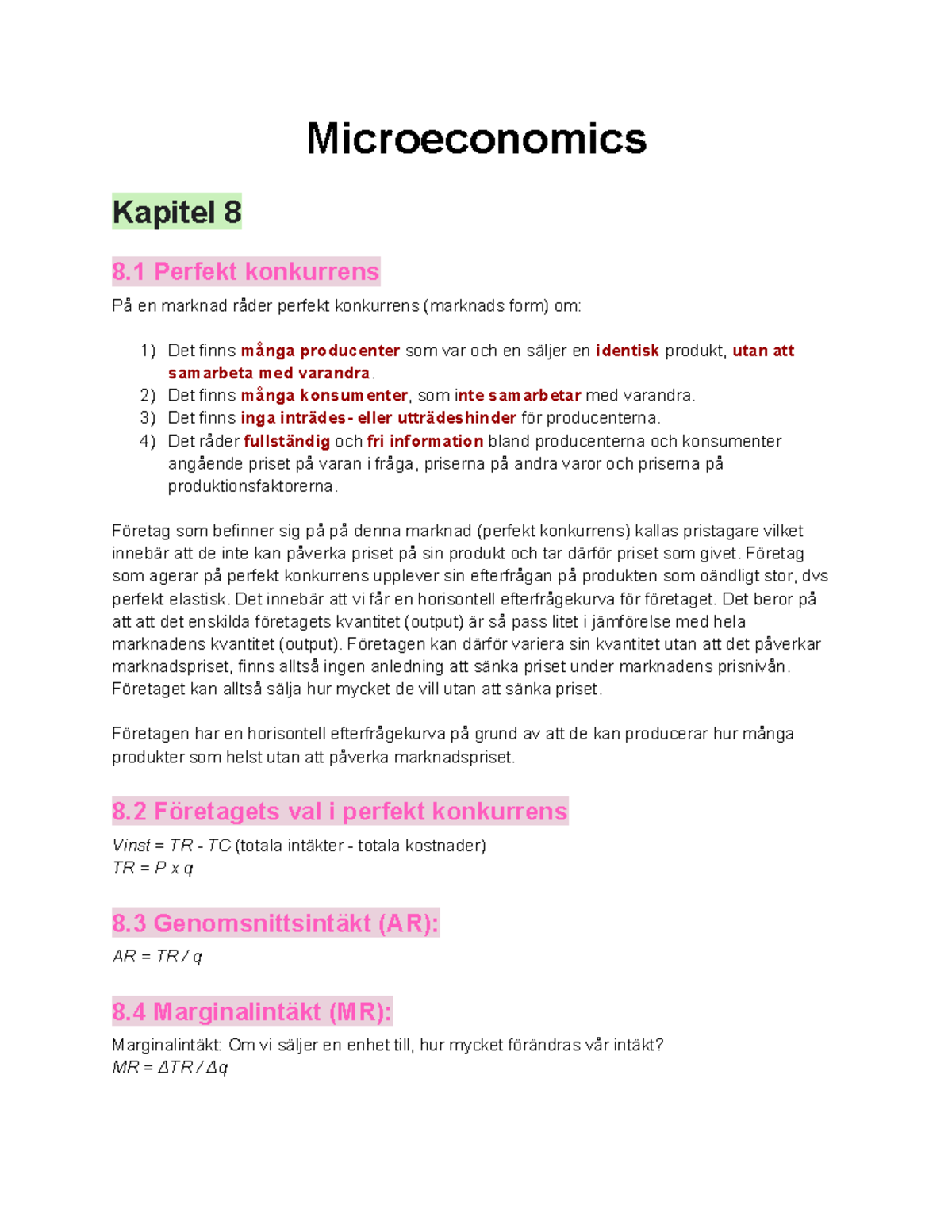 Lecture 5 (chapter 8) - Summary - Microeconomics Kapitel 8 8 Perfekt ...