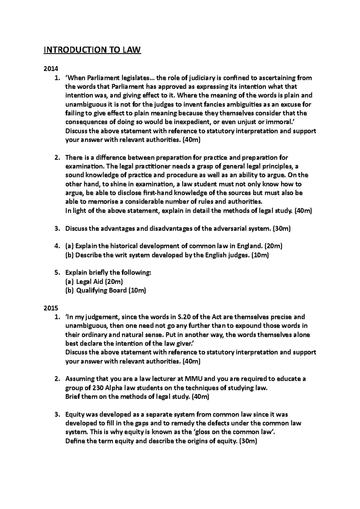 Exam papers answers - INTRODUCTION TO LAW 2014 ‘When Parliament ...