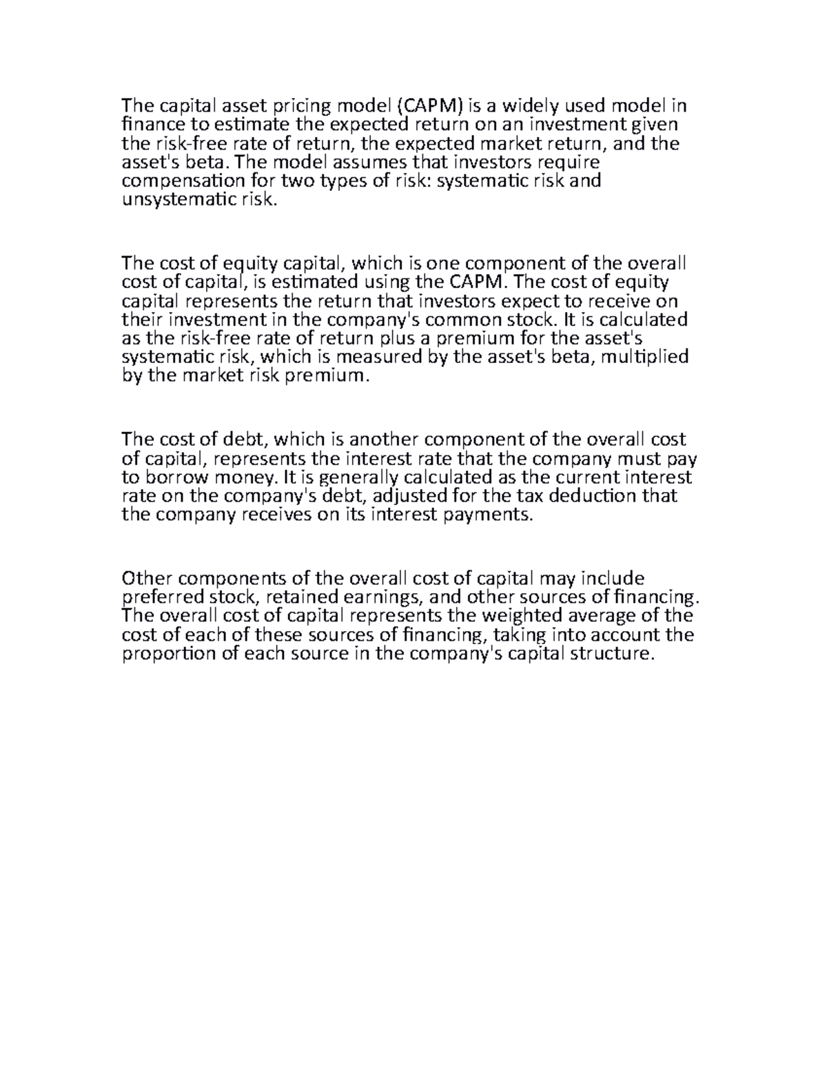 Component of cost of capital, capital asset pricing model The capital