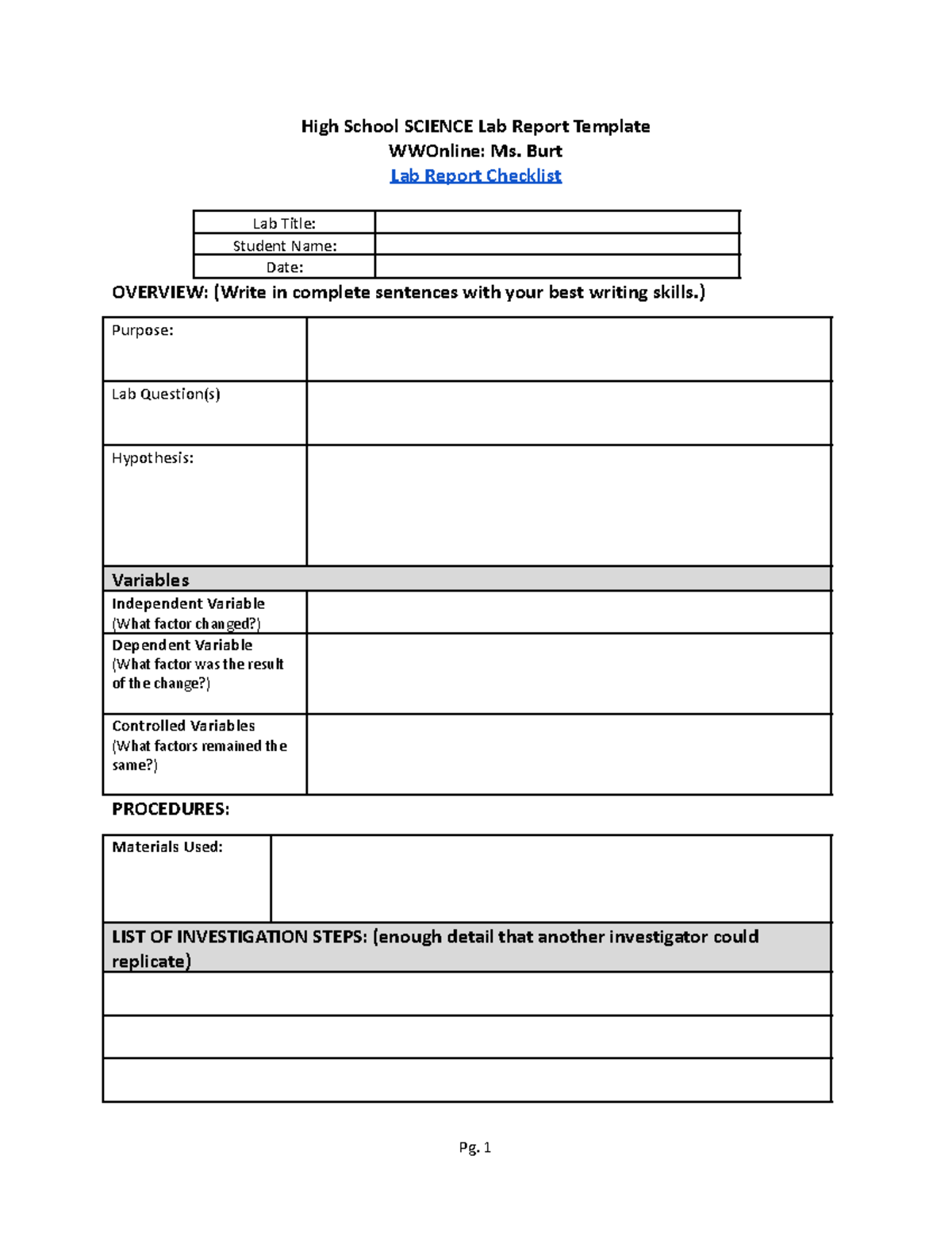 High School Lab Report Template High School SCIENCE Lab Report