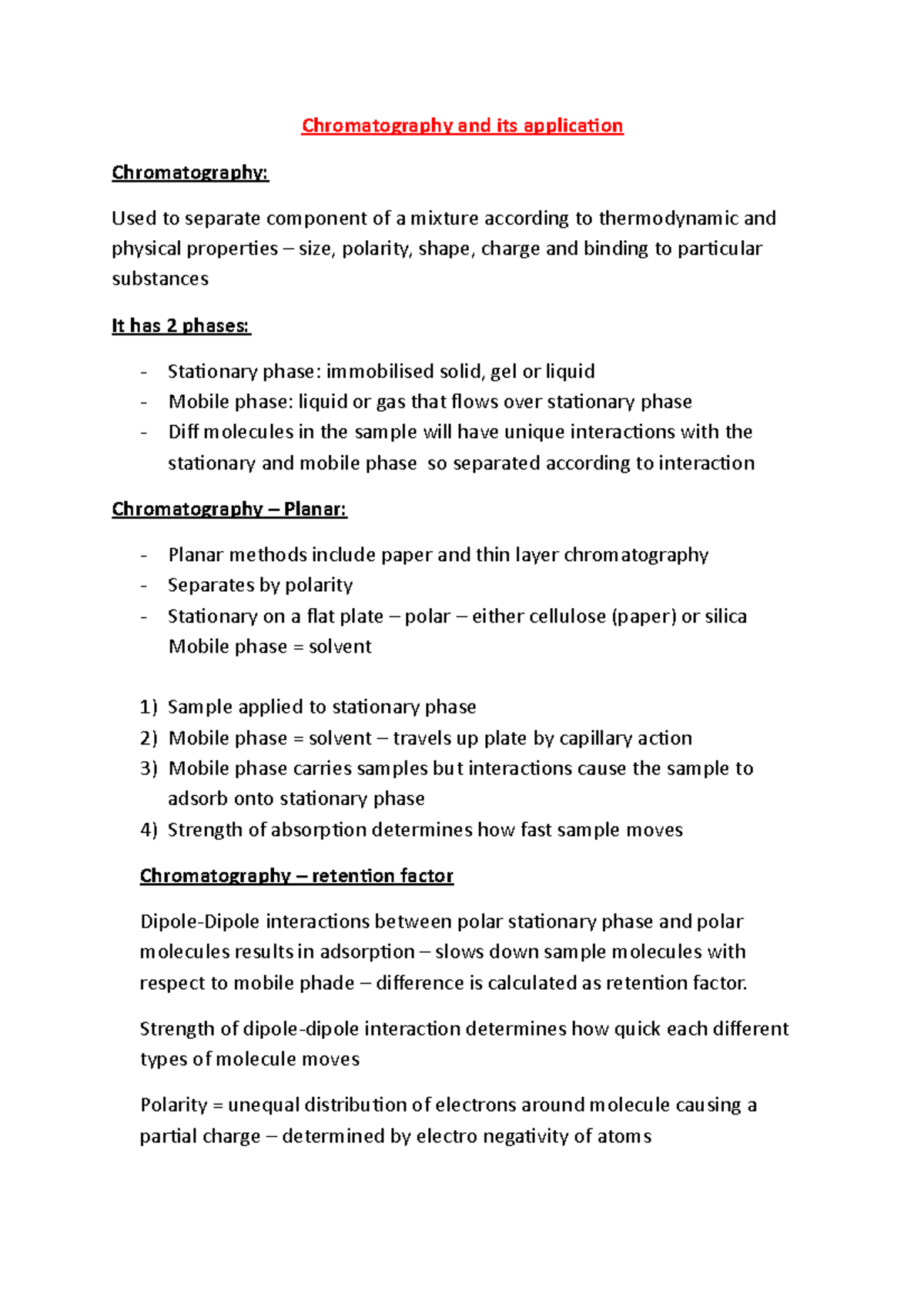 Chromatography Lecture notes 2 Chromatography and its application