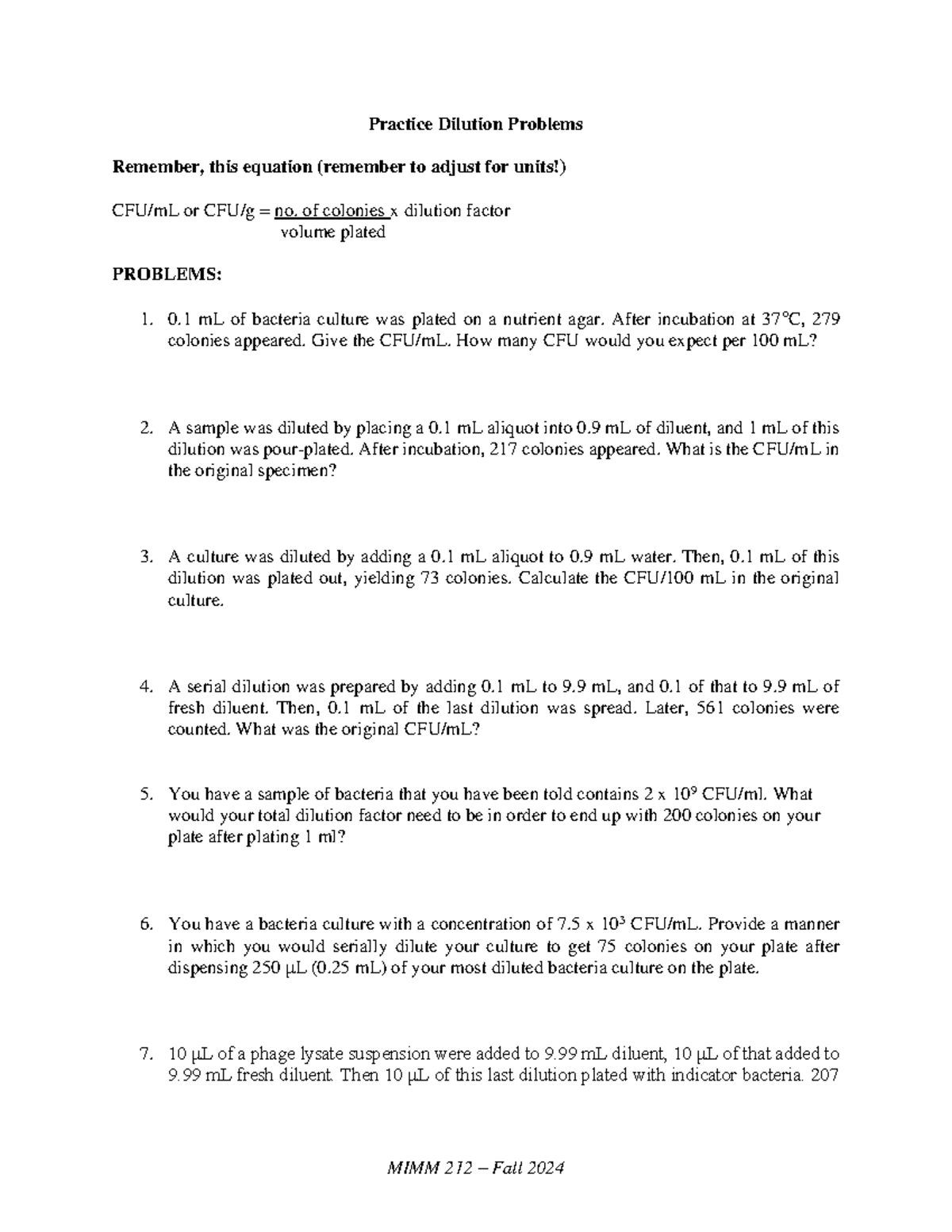 Fall 2024 Practice Dilution Problems - MIMM 212 – Fall 202 4 Practice ...