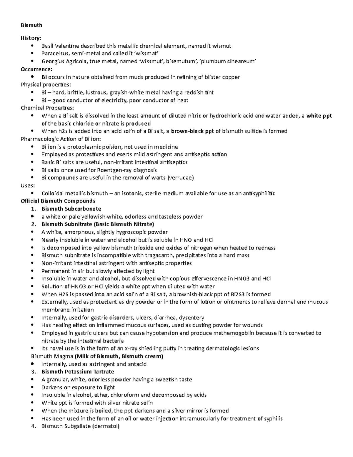 Inorganic Finals 1 - Review Notes - Bismuth History: Basil Valentine ...