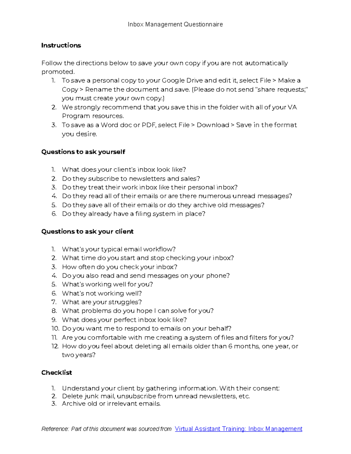 Copy of Inbox Management Questionnaire - Inbox Management Questionnaire ...