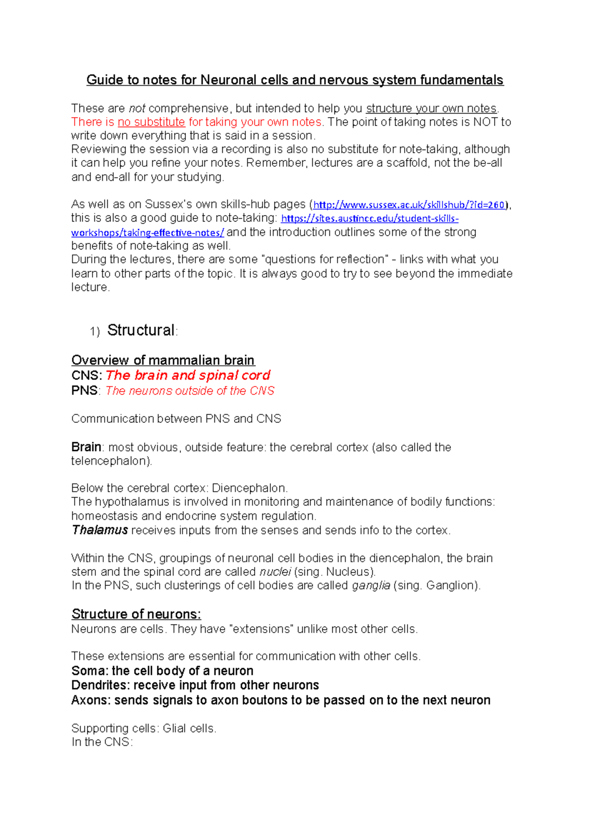 Guide to notes for fundamenats of neurons - Guide to notes for Neuronal ...