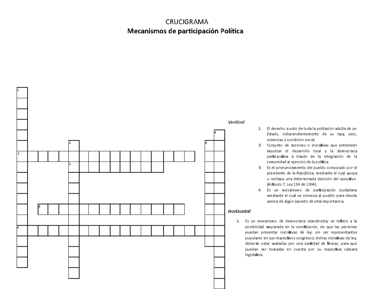 Crucigrama De Participacion Ciudadana Y Vida Social Pacifica