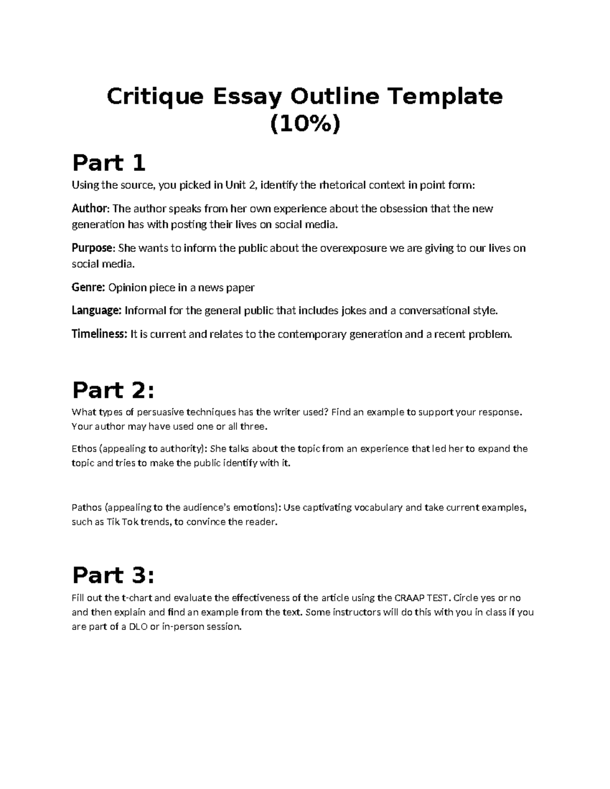 Project 1 essay outline - Critique Essay Outline Template (10%) Part 1 ...