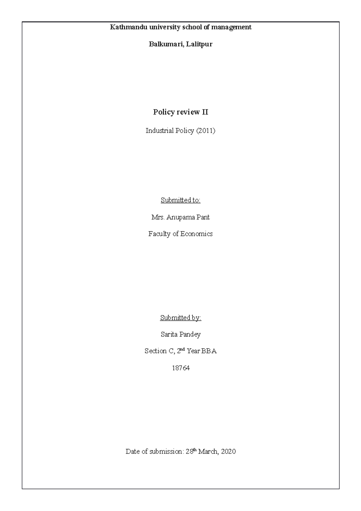 Policy Review#2 - Kathmandu university school of management Balkumari ...