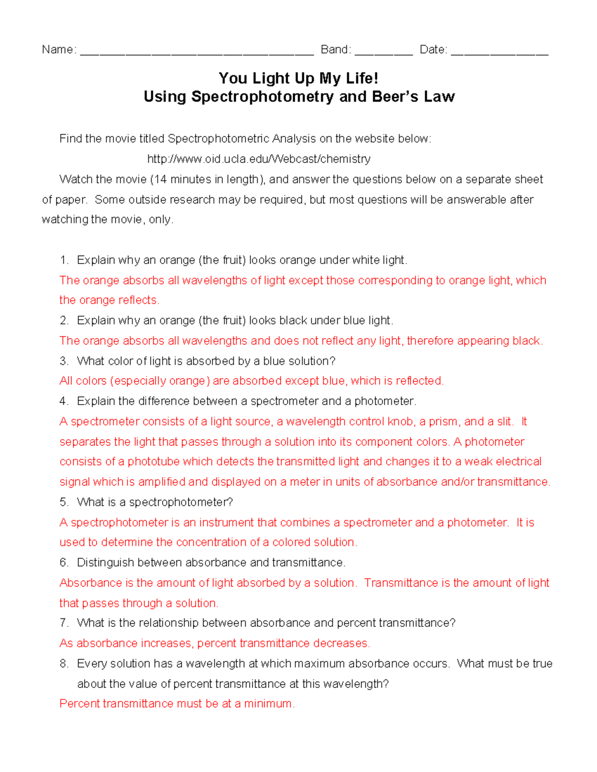 Beers law lab answer key Name ____________________________________ Band _________ Date