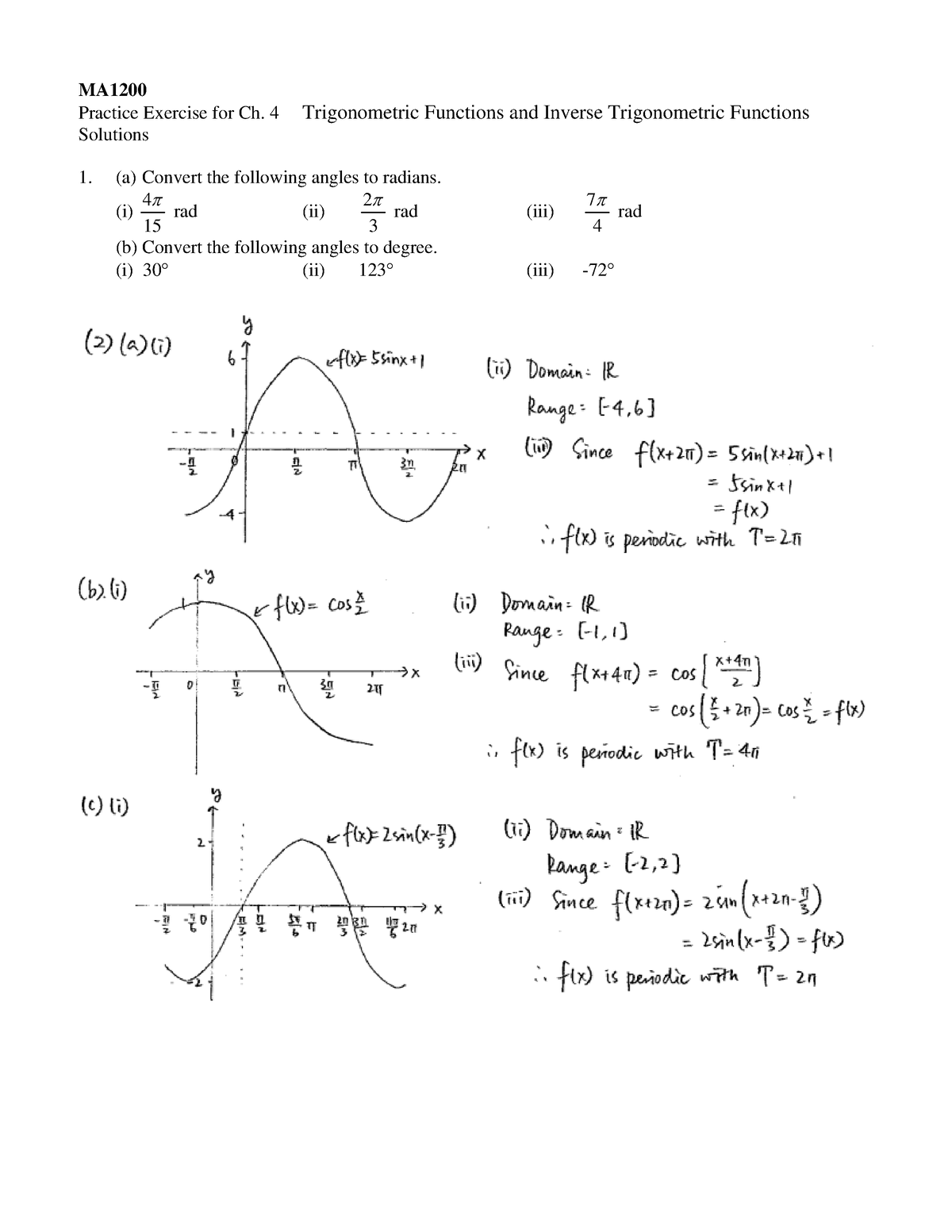 MA1200 Chapter 4 Trigonometric Functions and Inverse Trigonometric ...