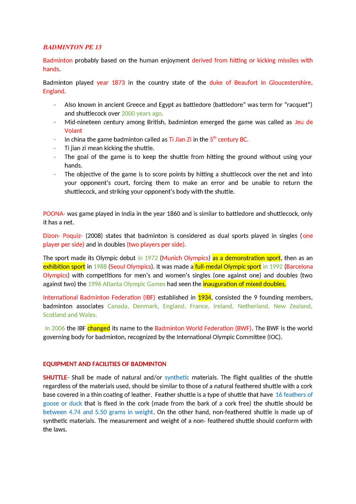 Handouts PE13-1 - Badmintom - BADMINTON PE 13 Badminton hands. probably ...