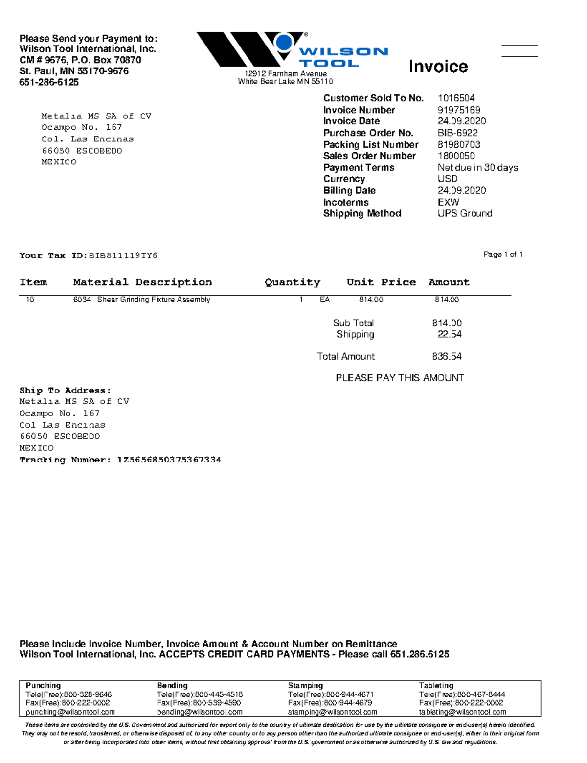 PO BIB-6922 WT Invoice 91975169 - Please Send your Payment to: Wilson ...