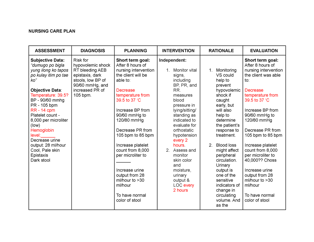 Copy of Dengue Hemorrhagic Fever - NURSING CARE PLAN ASSESSMENT