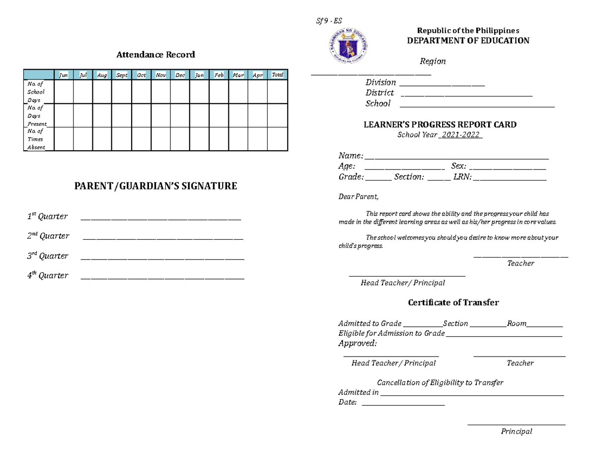 SF 9 - Elementary (Learner's Progress Report Card) - Attendance Record ...