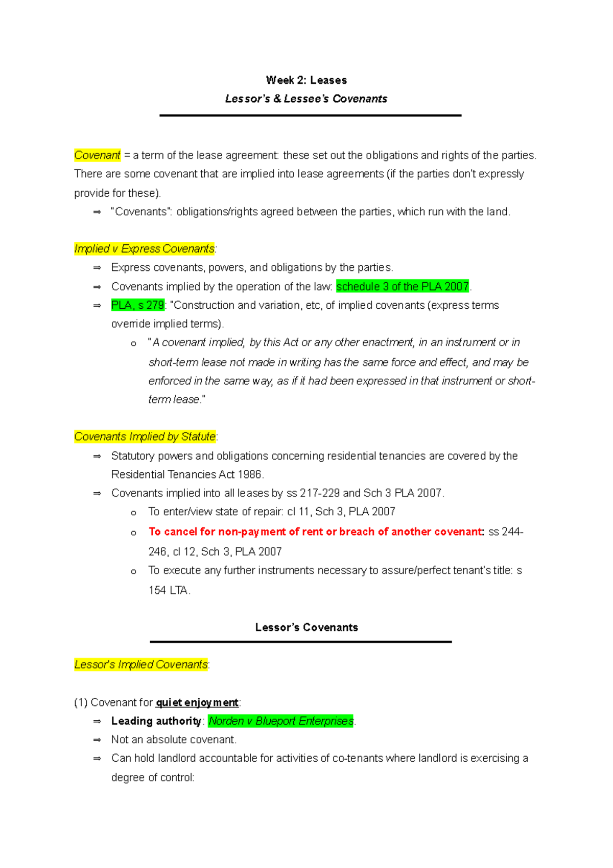 Lessor and Lessee Covenants - Week 2: Leases Lessor’s & Lessee’s ...