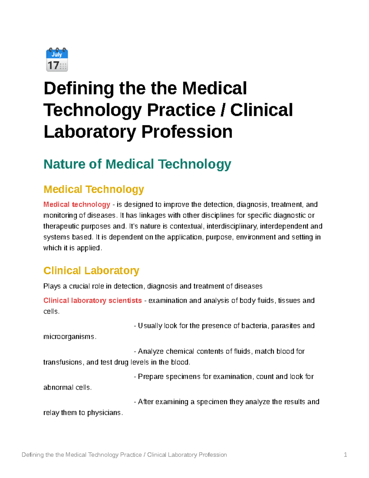 Defining the the Medical Technology Practice Clinical Laboratory
