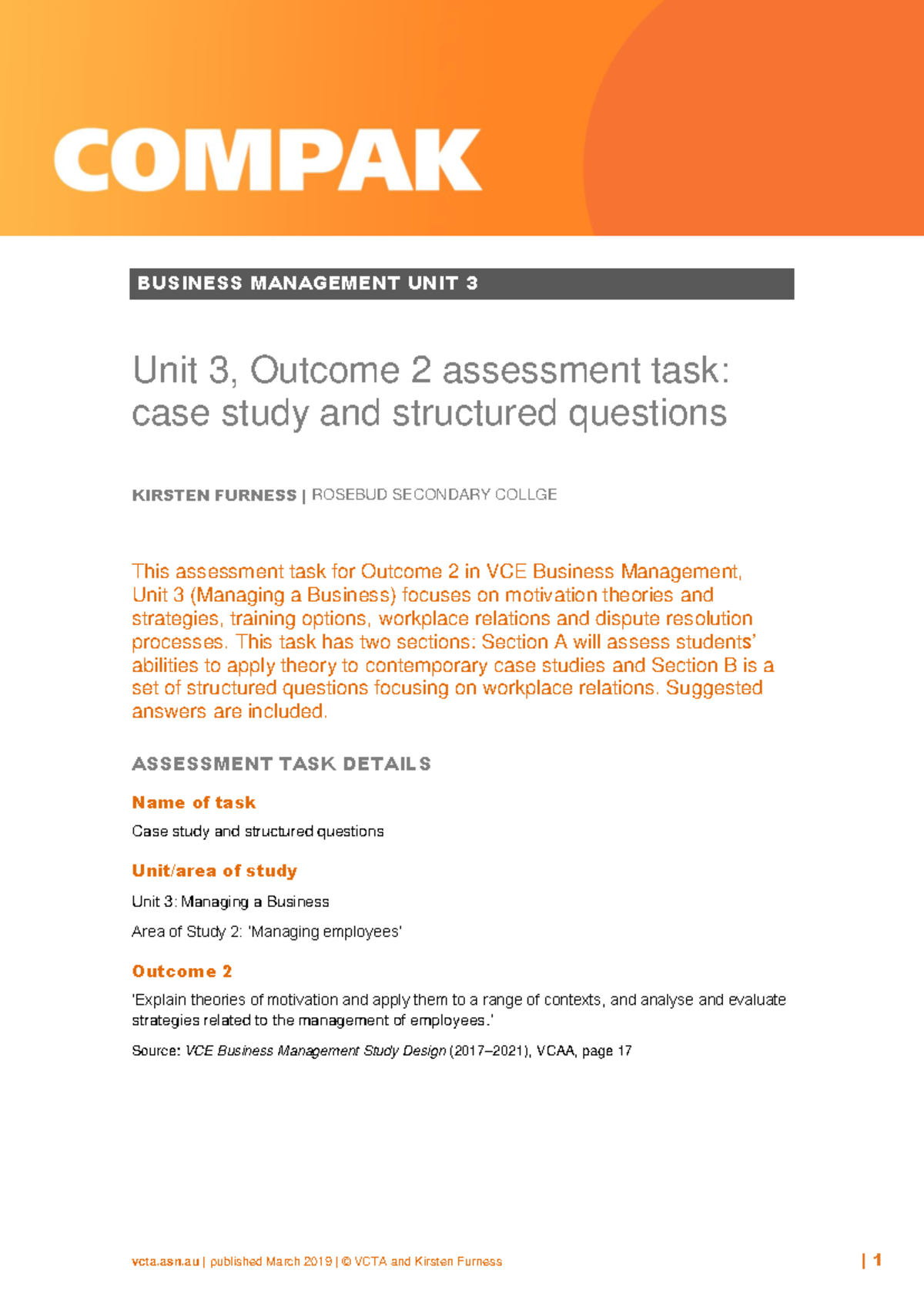 2019 U3A2 VCTA bm 2 2019 U3O2 SAC PDF - BUSINESS MANAGEMENT UNIT 3 Unit ...