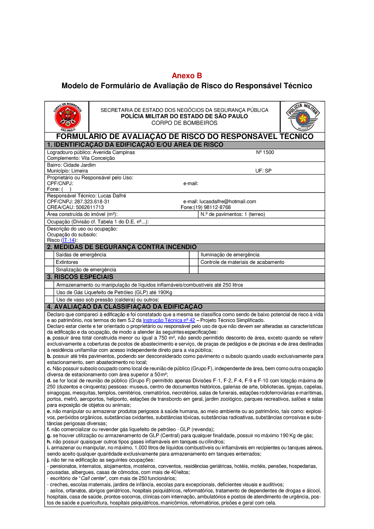 It42 19 Anx B Revogada Formulario Anexo B Modelo De Formulário De Avaliação De Risco Do 8362