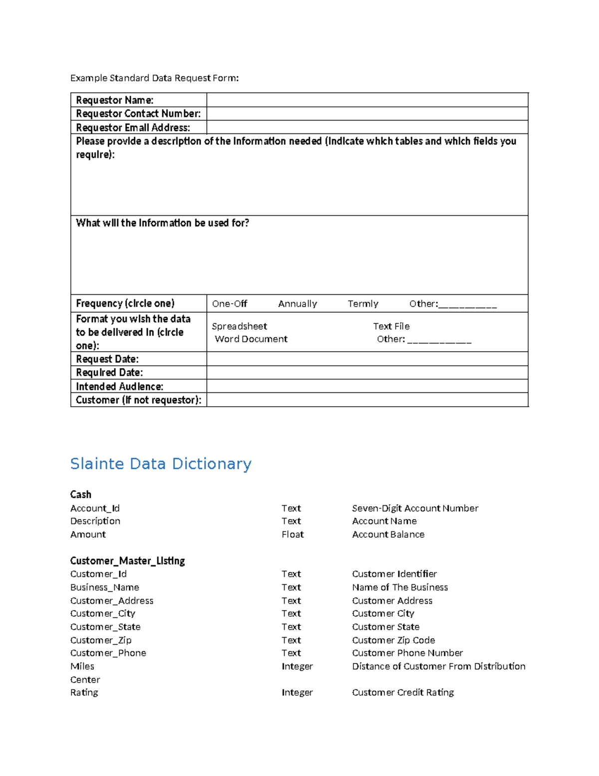 Lab 2-1 Data Request Form and Data dictionaries - Example Standard Data ...