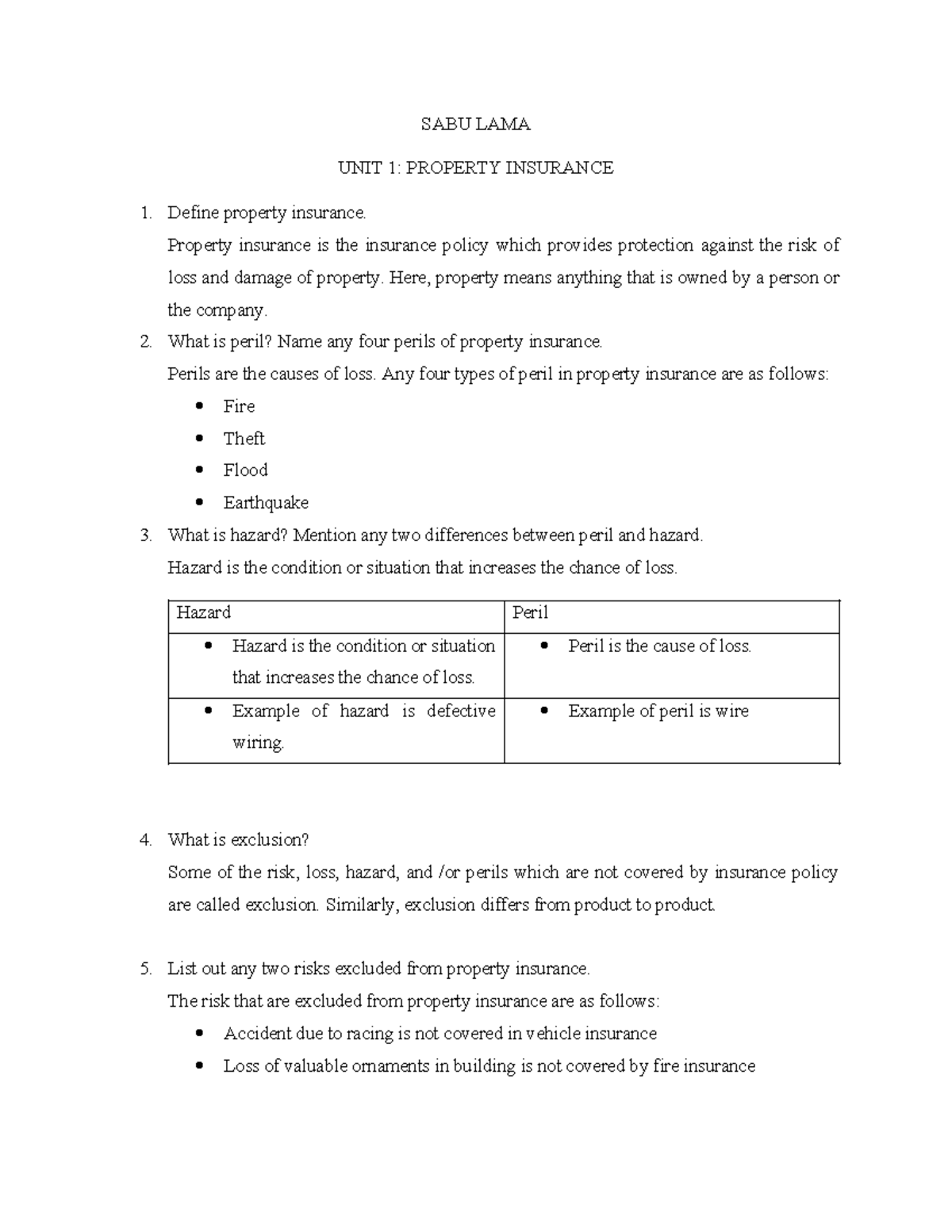 UNIT 1- Property Insurance - SABU LAMA UNIT 1: PROPERTY INSURANCE ...