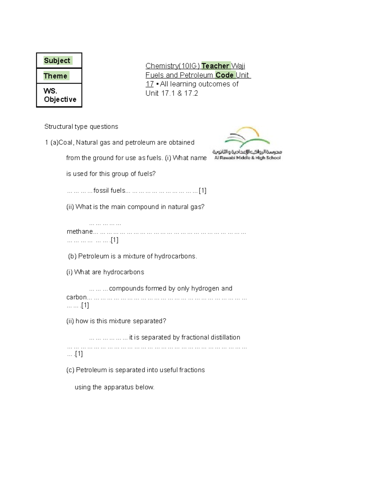 WS Unit 17 17.3-17.4 CHM10IG - Subject Theme WS. Objective Chemistry ...