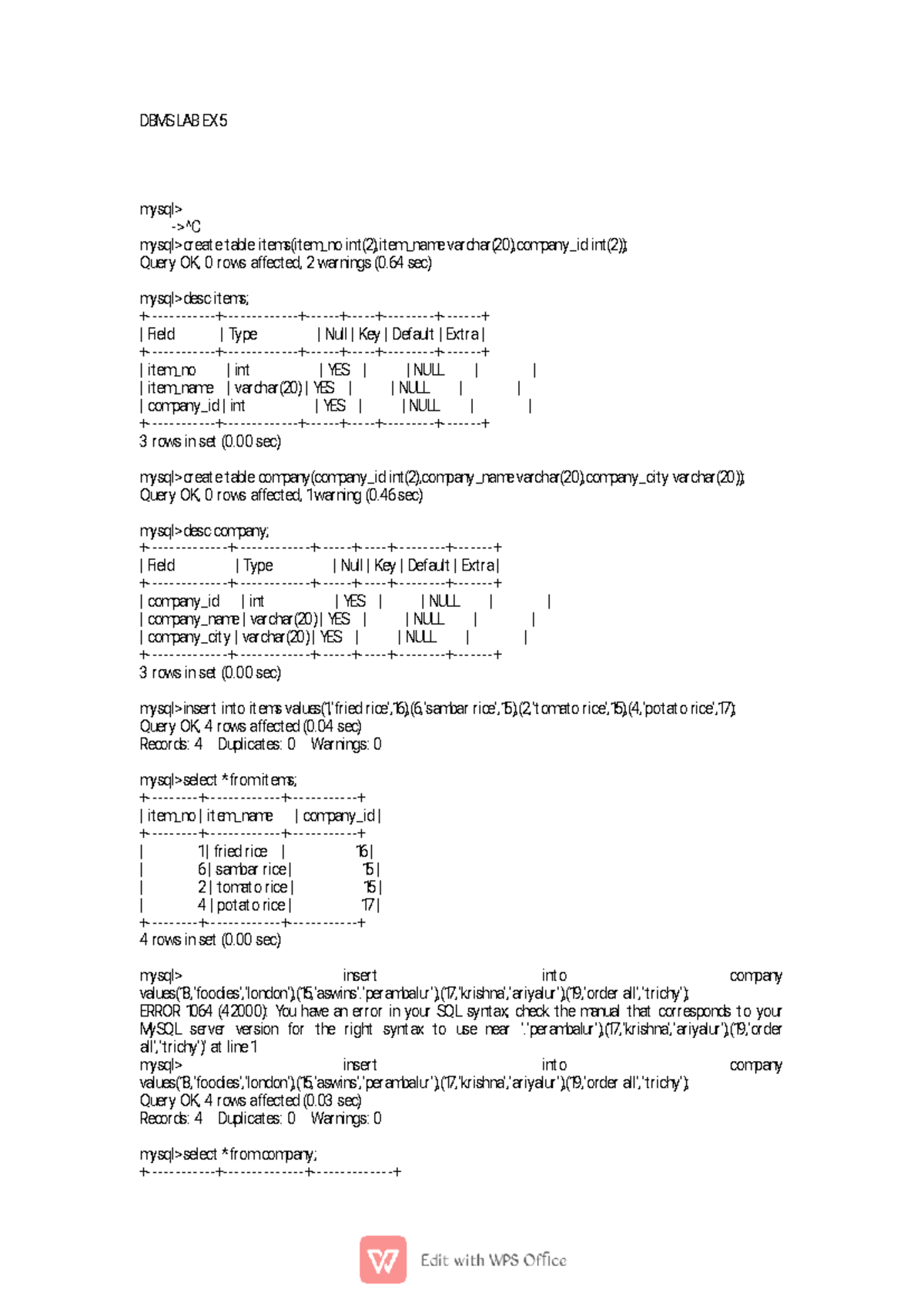 DBMS LAB EX - Lab exercises input and output - DBMSLABEX. 5 mysql ...