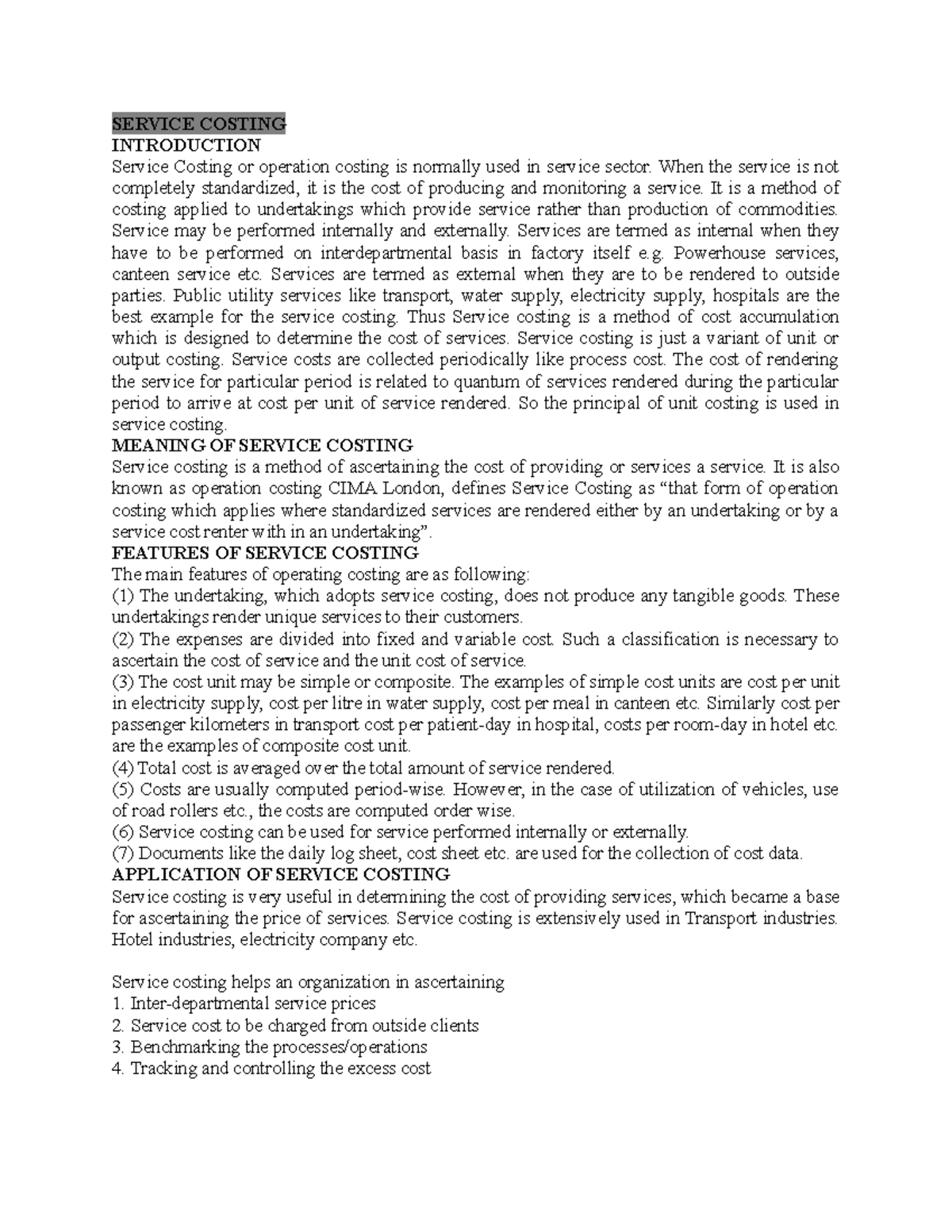 Theory of cost accounting - SERVICE COSTING INTRODUCTION Service ...
