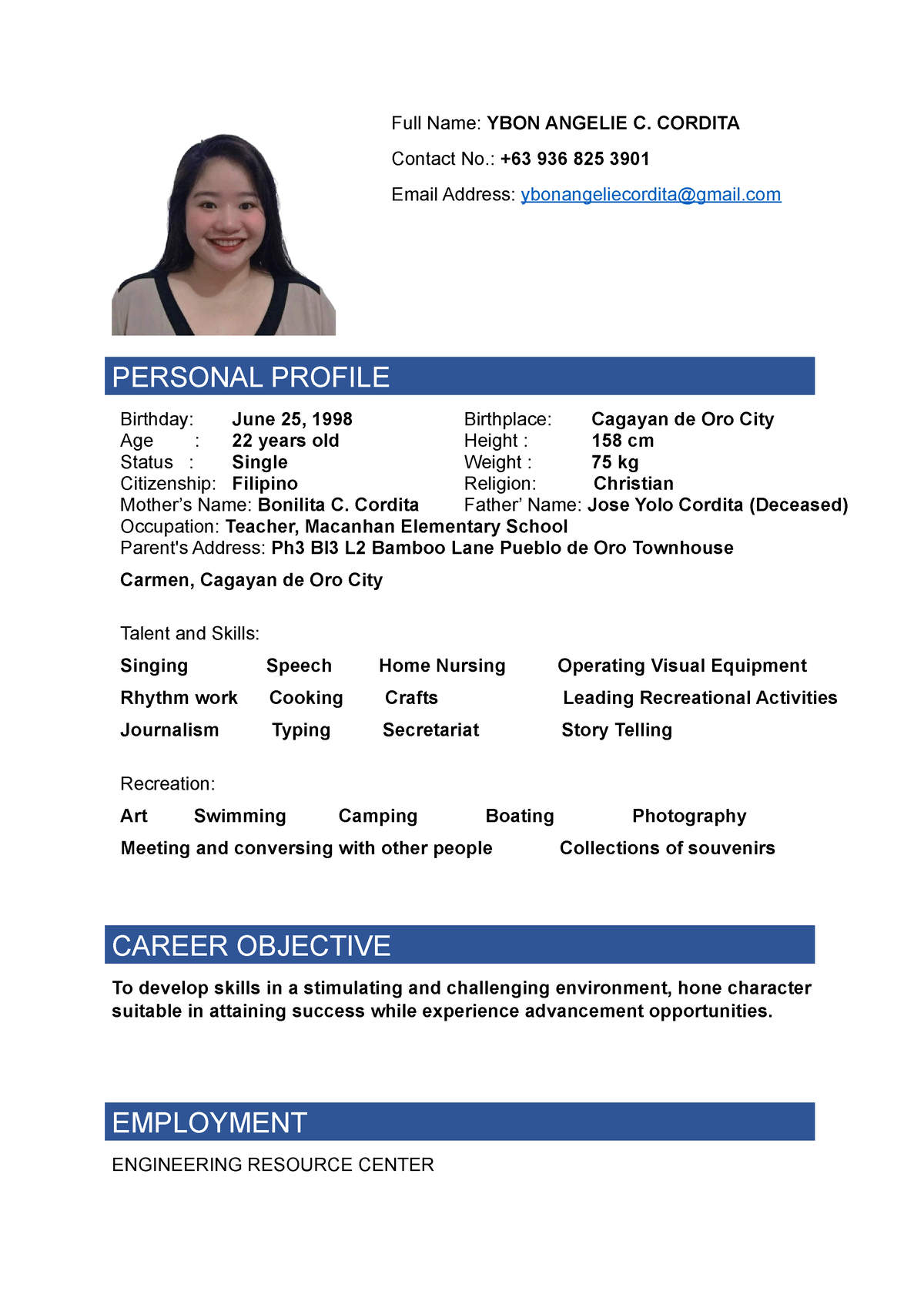 Resume - Full Name: YBON ANGELIE C. CORDITA Contact No.: +63 936 825 ...