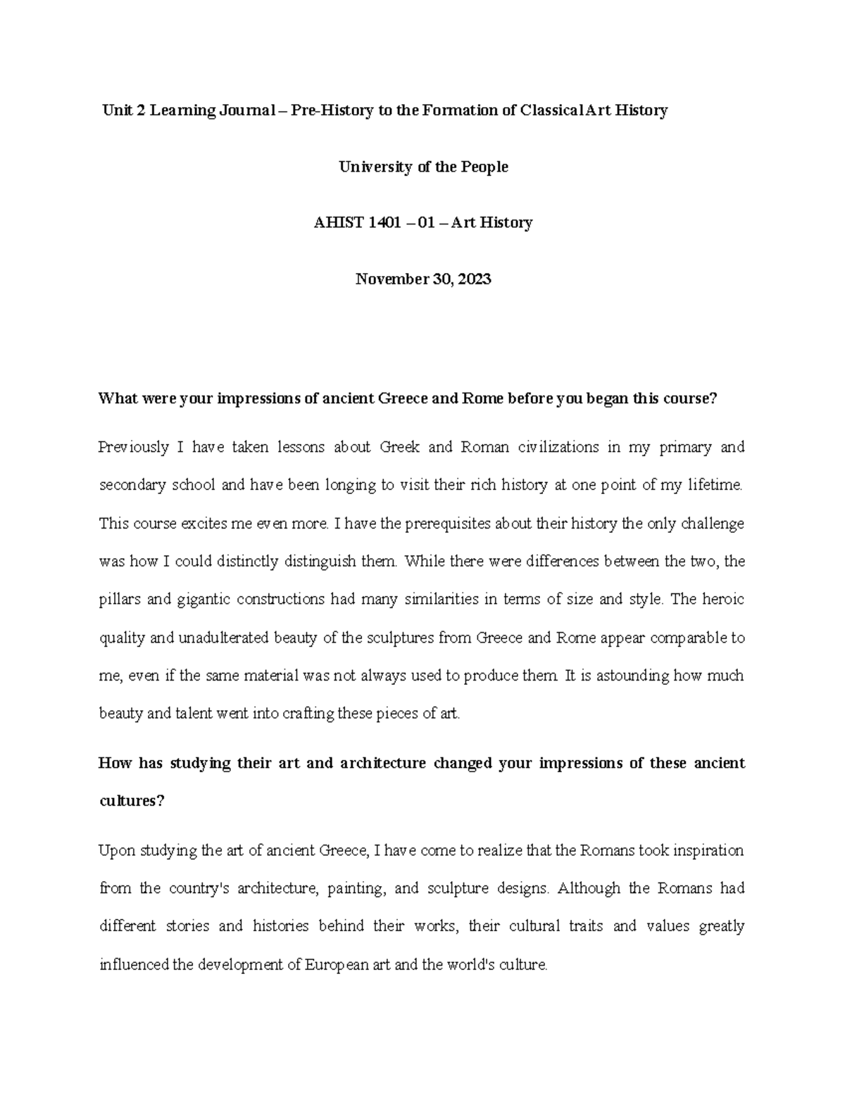 Learning Journal 2 Art History - Unit 2 Learning Journal – Pre-History ...