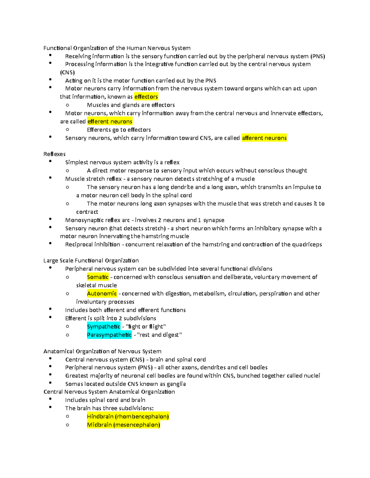 Chapter 1 Notes - Functional Organization of the Human Nervous System ...