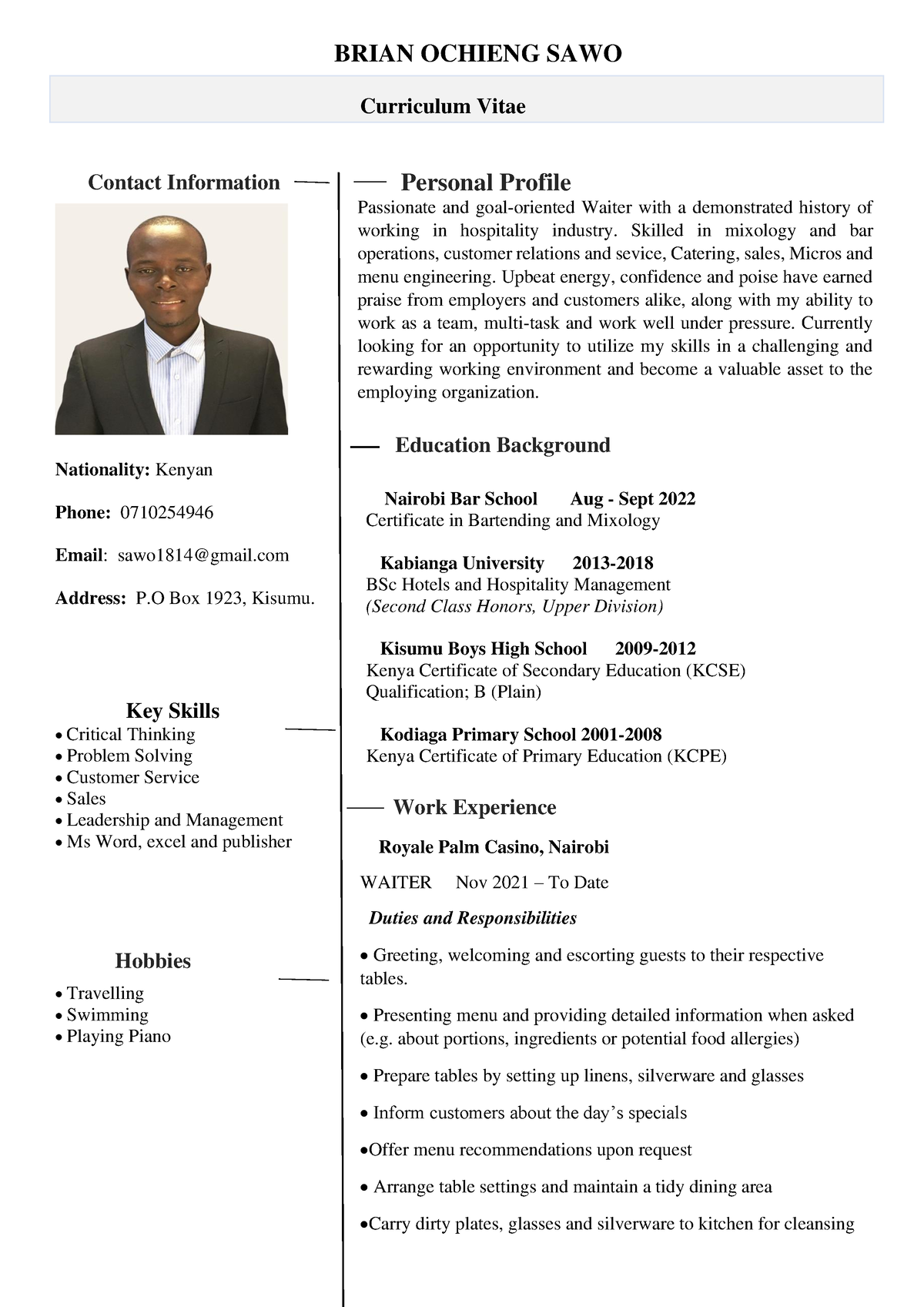 Curriculum Vitae`` - job resume sample - Contact Information ...