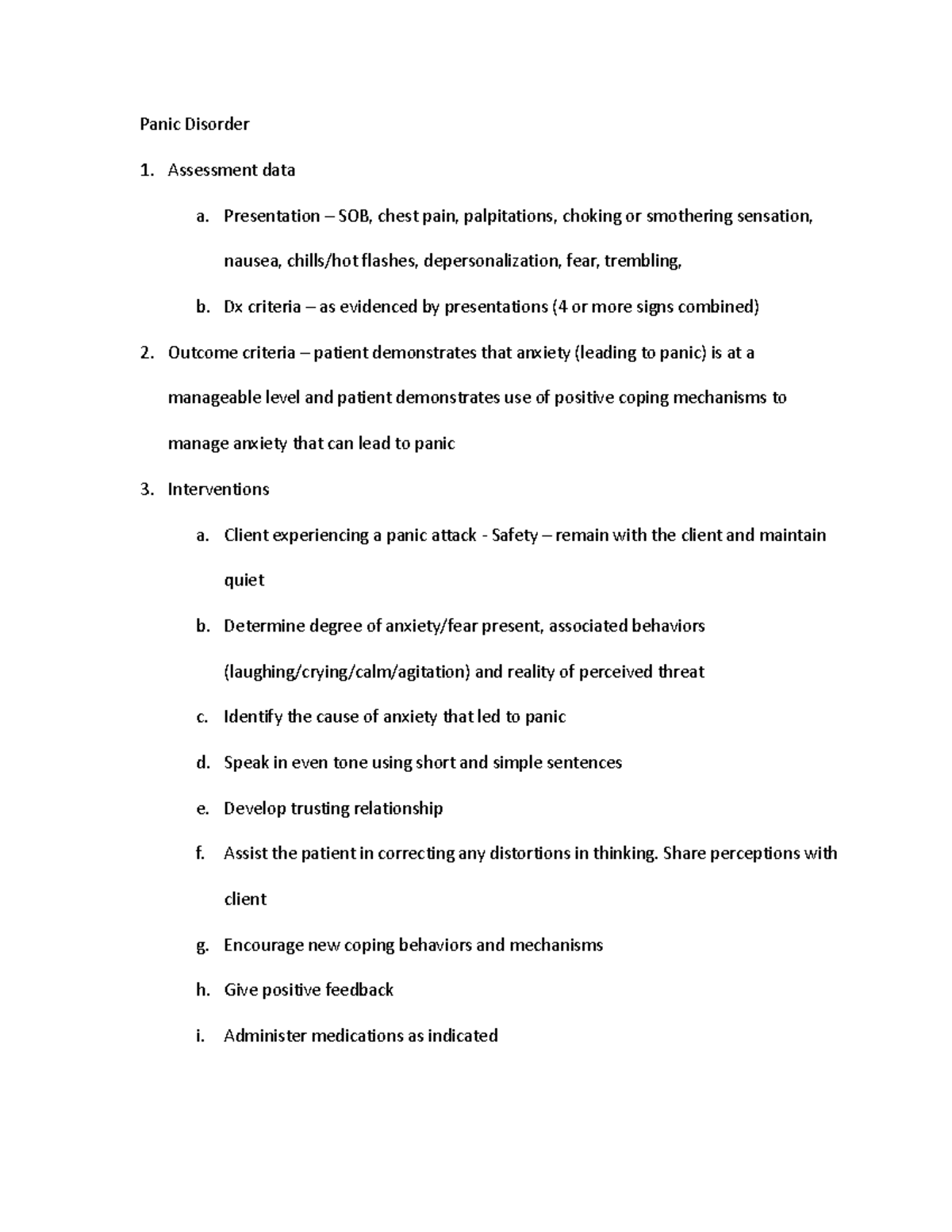 Panic Disorder - For nursing School - Panic Disorder Assessment data a ...