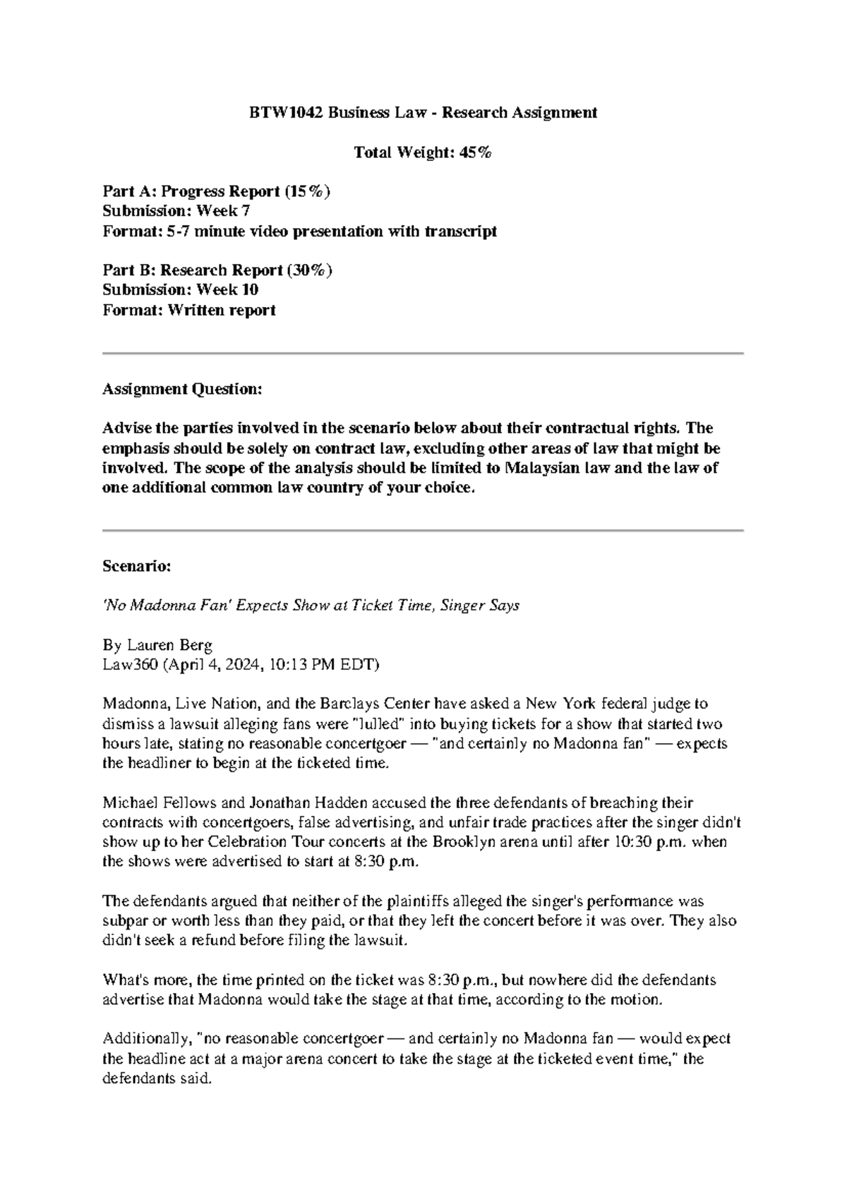 Assignment Question 2024 - BTW1042 Business Law - Research Assignment ...