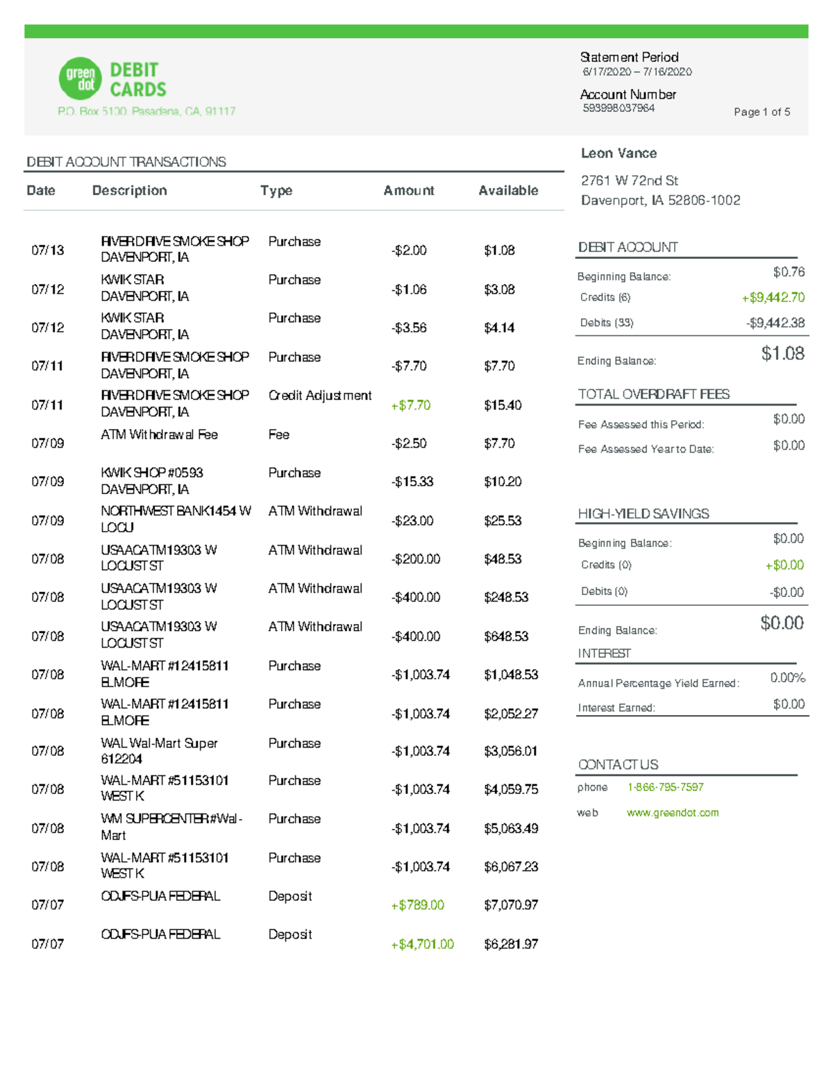 Greendot statement Account Number DEBIT ACCOUNT Beginning Balance