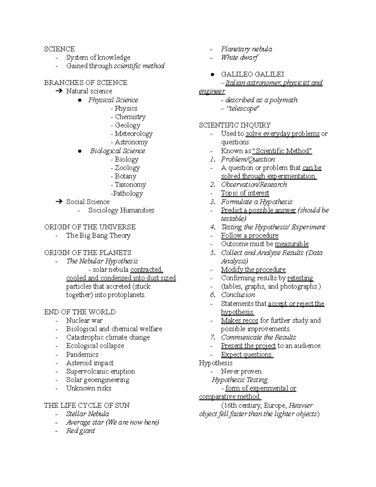 STAS 111 (Prelims PTR) - Notes for STAS - SCIENCE System of knowledge ...