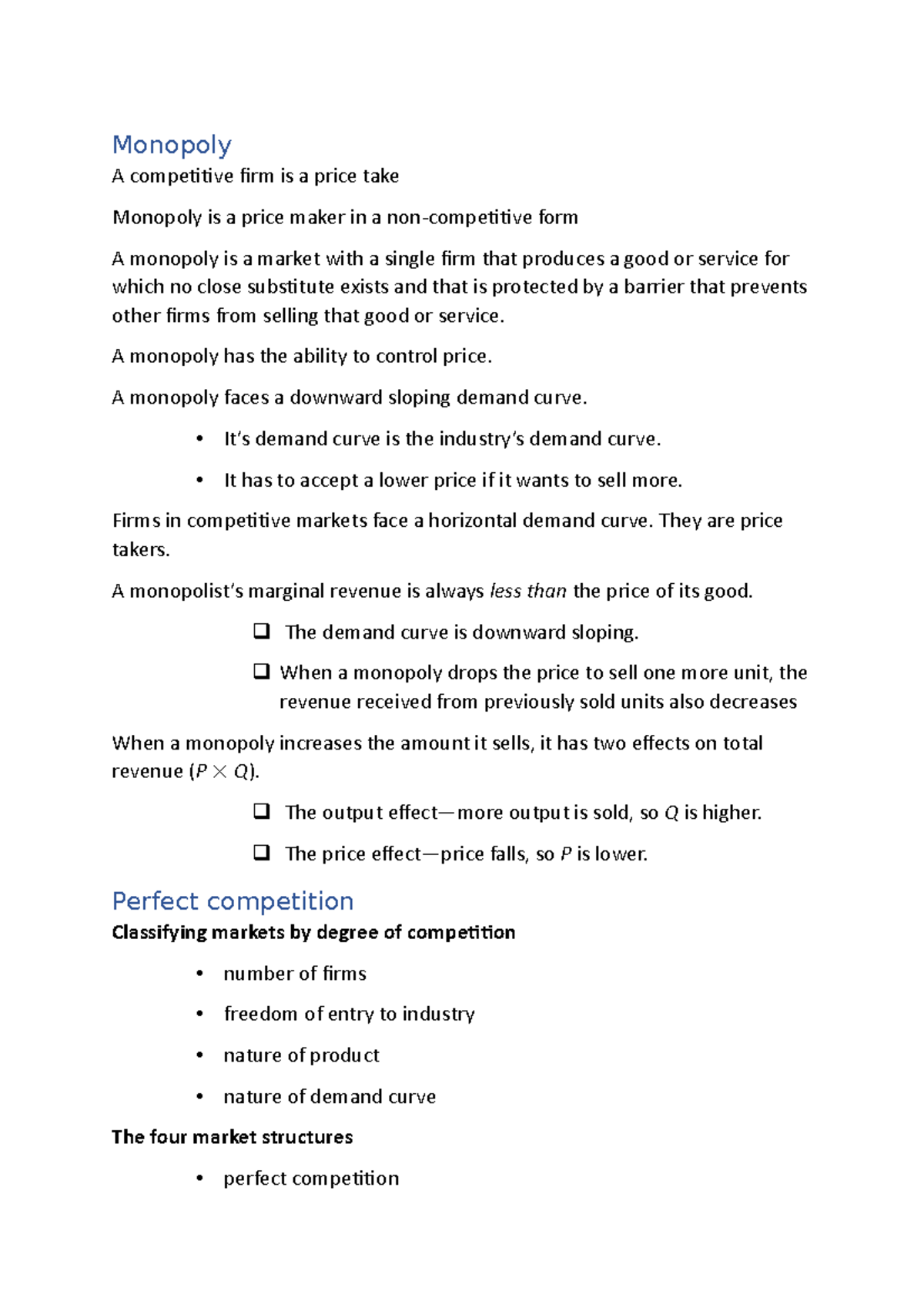 Revision notes - Monopoly A competitive firm is a price take Monopoly ...