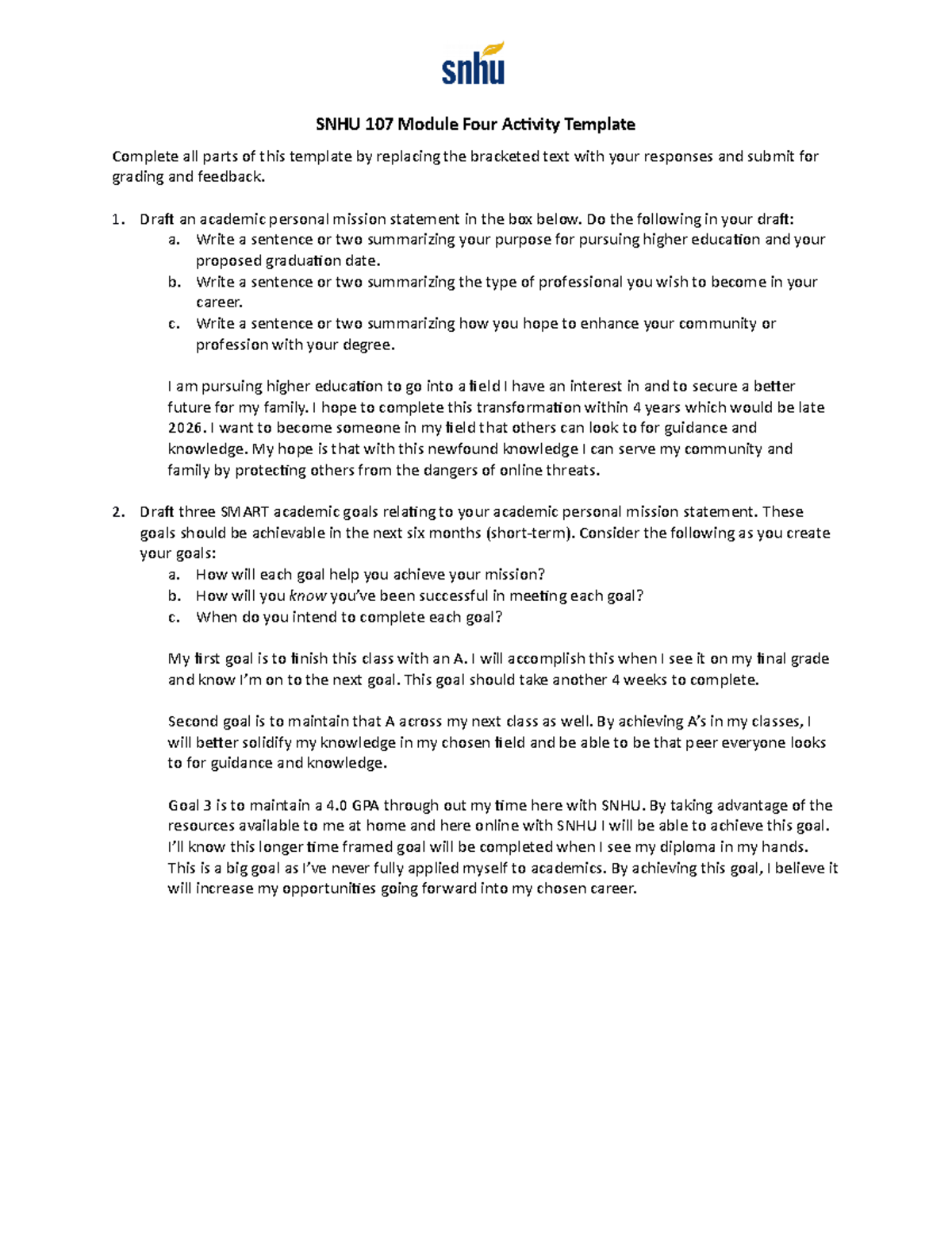 SNHU 107 Module Four Activity Template mission statements and goals