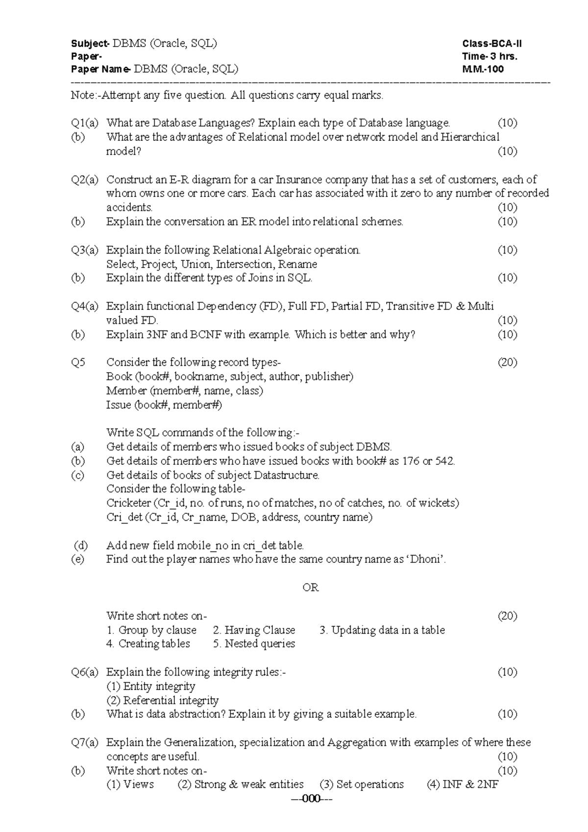 Sample/practice Exam 2016, Questions - Subject- DBMS (Oracle, SQL ...