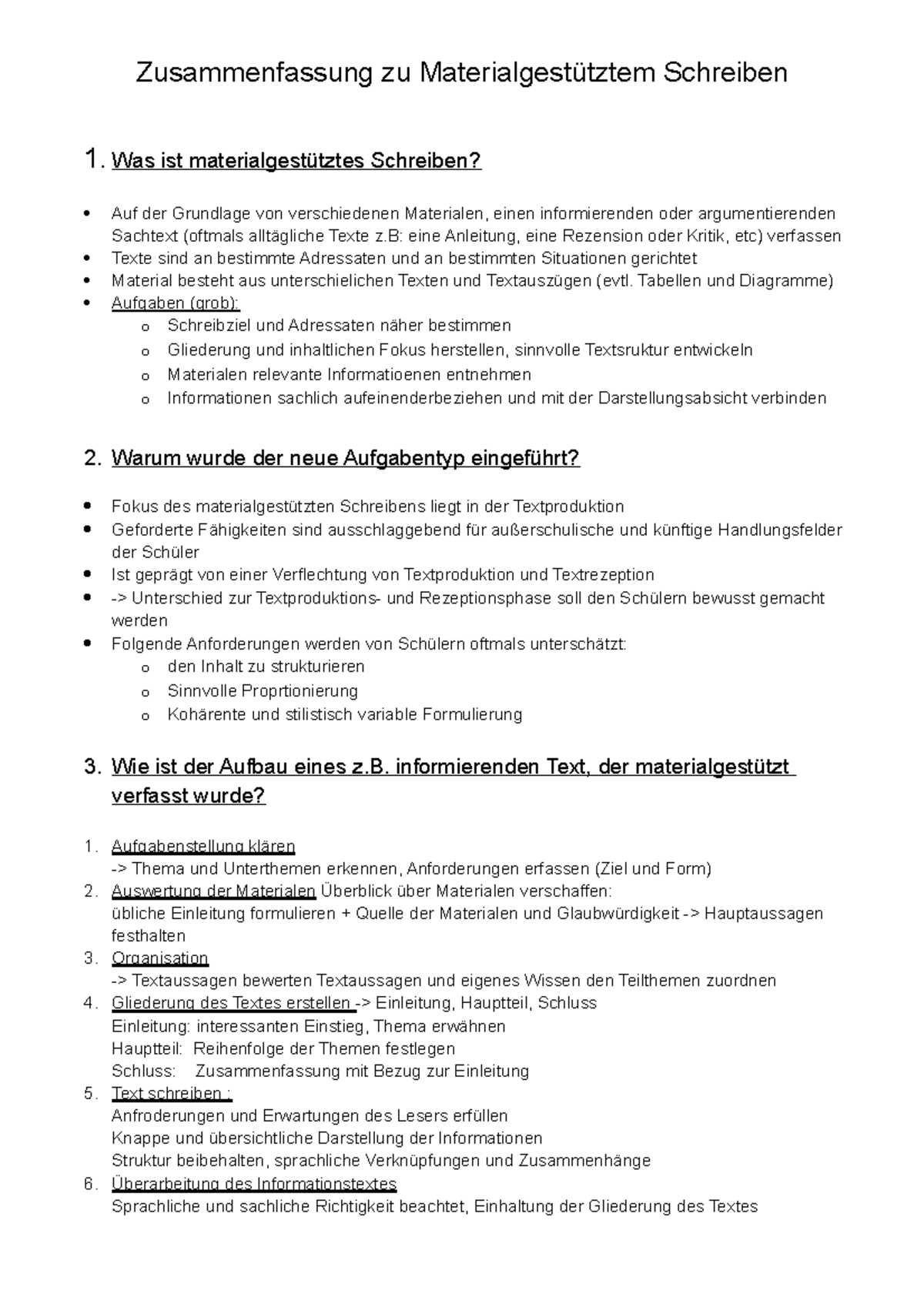 Informierender Text 7. Klasse Gymnasium übungen Eine Zusammenfassung zum Materialgestütztem Schreiben - Deutsch