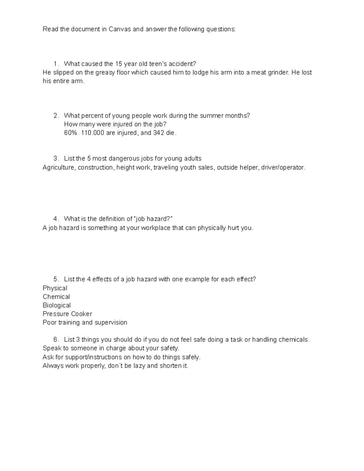 Dangers at Work Worksheet - Read the document in Canvas and answer the ...