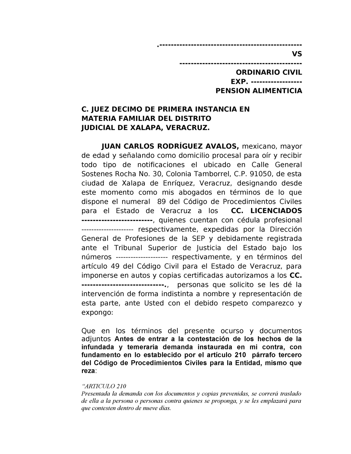 Contestacion Demanda De Alimentos Vs Ordinario Civil Exp Pension Alimenticia C Juez 3805