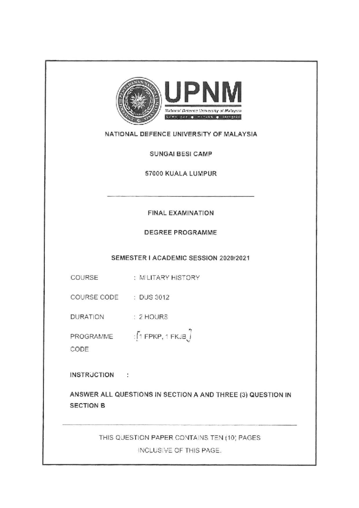 Exam Question 2021 - Past exam - UNIVERSITY UPNM National Defence ...